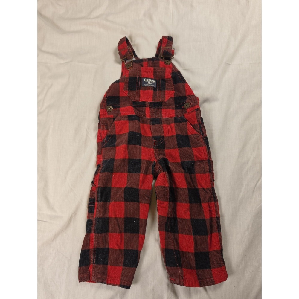 OshKosh B'gosh Overalls Baby Boys 12M Red Buffalo Plaid Corduroy 424-305